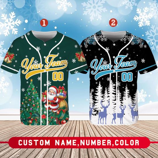 Discover Personalized Christmas Baseball Jersey, Custom Name and Number, Festive Santa and Winter Scene, Holiday Sports Shirt for Xmas Fans
