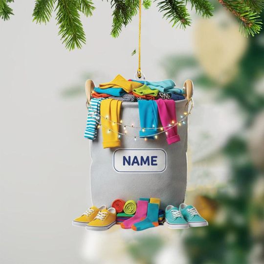 Discover Personalized Laundry Basket Christmas Ornament, Custom Name Clothing Decor, Cute Socks and Shoes Gift Idea, Unique Home Decoration