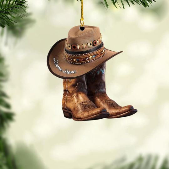 Custom Name Cowboy Boots And Hat Personalized Ornament, Christmas Tree Hanging Decor, Christmas Ornament, Flat 2D Ornament, Boot Stockings