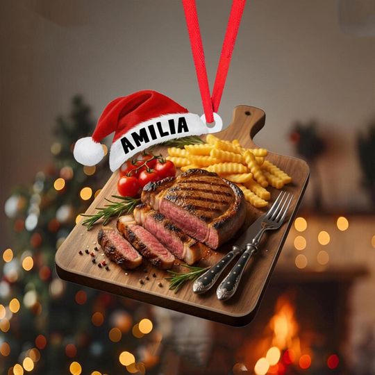 Discover Custom Name Beef Steak Christmas Ornament, Flat 2D Ornament, Foodie Christmas Gift, Meat Lover Holiday Decor, Gift for Him