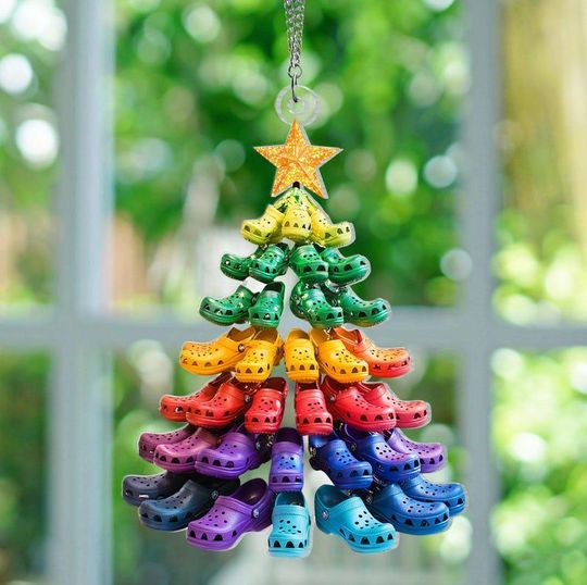 Discover 2D Flat Crocin' around the Christmas Tree Window Hanging, Crocs Stack Tree ornament, Crocin Christmas Ornament, Funny Christmas Ornaments