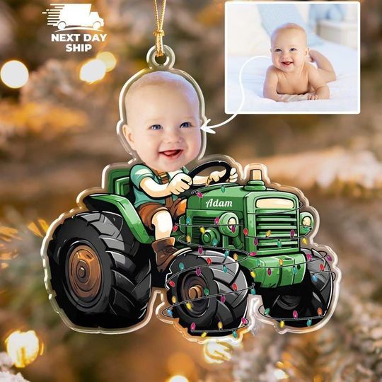 Discover Custom Farmer Baby Face Photo Ornament, Personalized Tractor Ornament, Acrylic Funny Face Ornament, Christmas Decor, Name Christmas Ornament