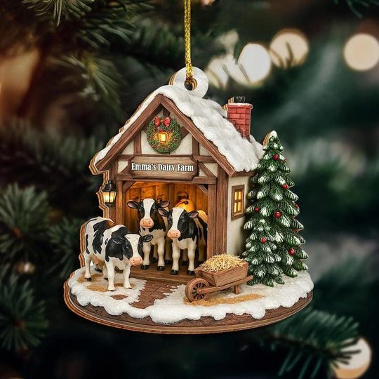 Discover Personalized Dairy Farm Ornament 2025, Custom Cow Barn Christmas Ornament, Farmer Gift, Rustic Farmhouse Holiday Decoration for Animal Lover