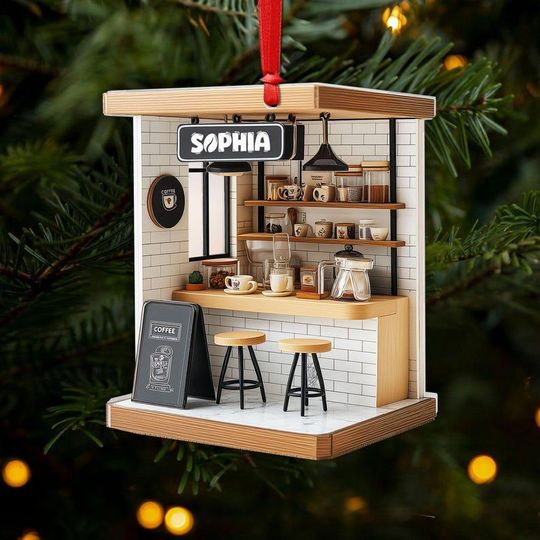 Discover Personalized Coffee Shop Acrylic Ornament with Name, Custom Caf Christmas Decoration, Gift for Coffee Lovers and Caf Owners