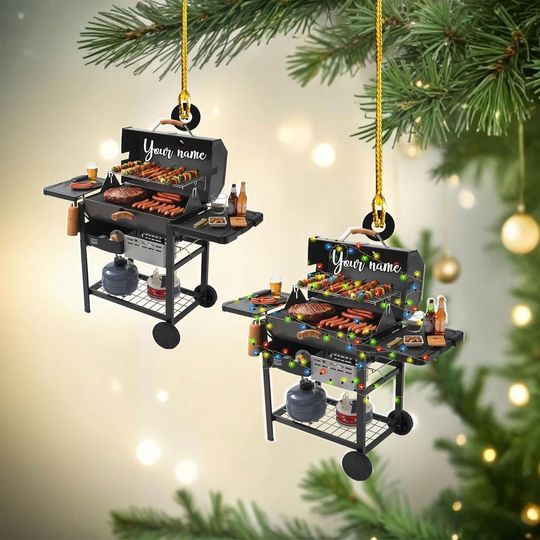 Discover Personalized Smoker BBQ Christmas Lights Flat Ornament, Camping BBQ Grill Ornament, BBQ Smoker Gift, Christmas Grilling Party Gift