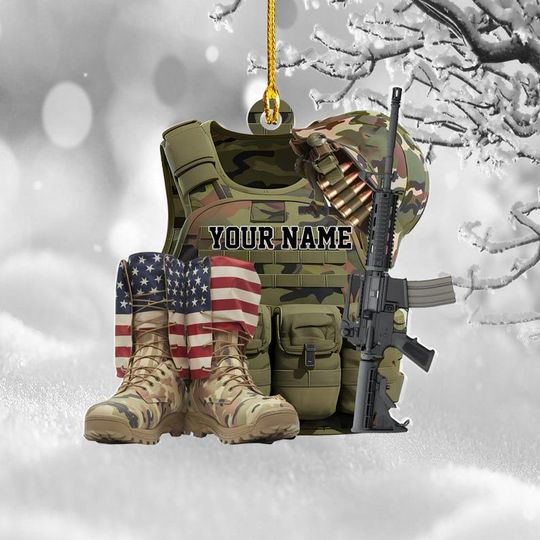 Discover Custom Military Uniform Boots & Helmet Ornament, Christmas Ornament, Custom Military Ornament Gift, Custom Name Veteran Military Ornaments