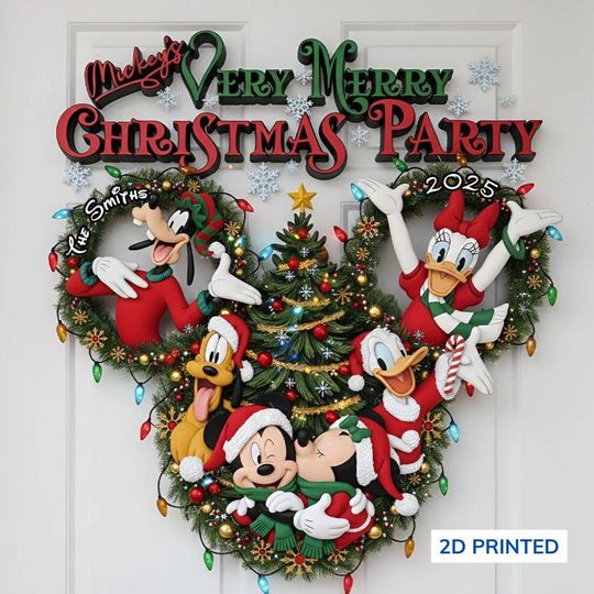Discover Very Merry Christmas Party Personalized Wood Sign, 2D Flat Printed Happy Mouse Family Wooden Wreath Sign Decor, Family Gift