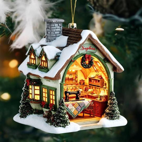 Discover Personalized Sewing Room Acrylic Ornament, 2D Flat Sewing Room Ornament, Christmas Tree Decor with Quilt and Sewing Machine, Sewing Gift
