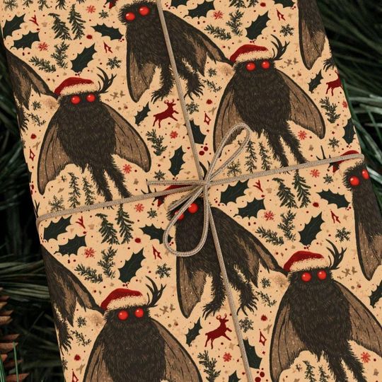 Mothman Merry Wrapping Paper Roll | Cryptid Christmas Gift Wrap with Red-Eyed Mothmen and Holiday Forest Pattern | Premium 90 GSM Paper