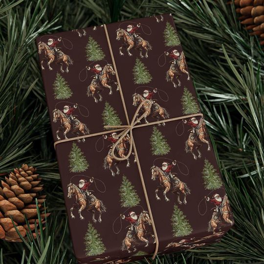 Discover Christmas Santa Wrapping Papers, Vintage Western Holiday Gift Wrap, Festive Xmas Trees Cowboy Gift Wrap, Country Style Masculine