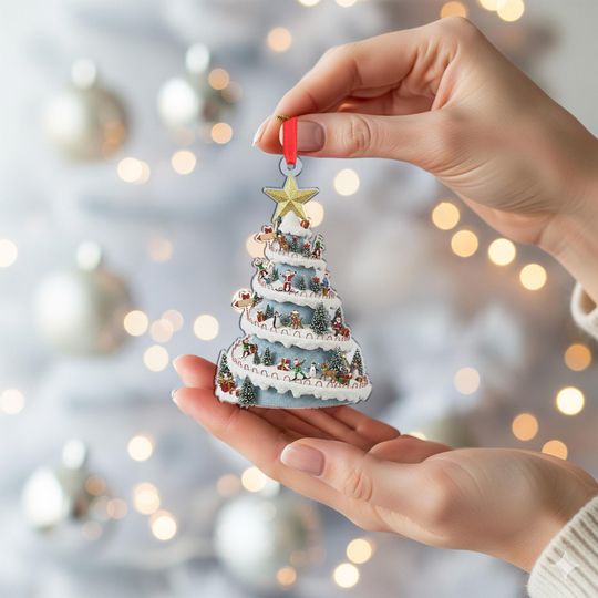Tiered Christmas Tree Ornament: Acrylic Hanging Decor with Elves, Reindeer & Santa Figures