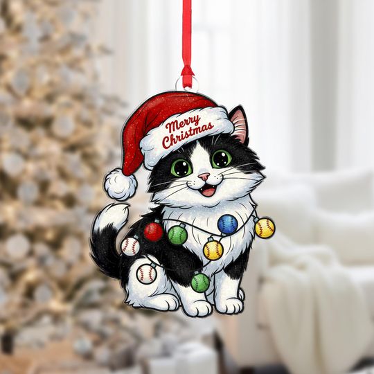 Discover Black and White Kitty Christmas Ornament: Cat with Santa Hat