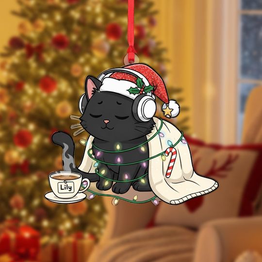 Discover Christmas Ornament: Black Cat in Santa Hat, Lights Blanket, Personalized Mug Design