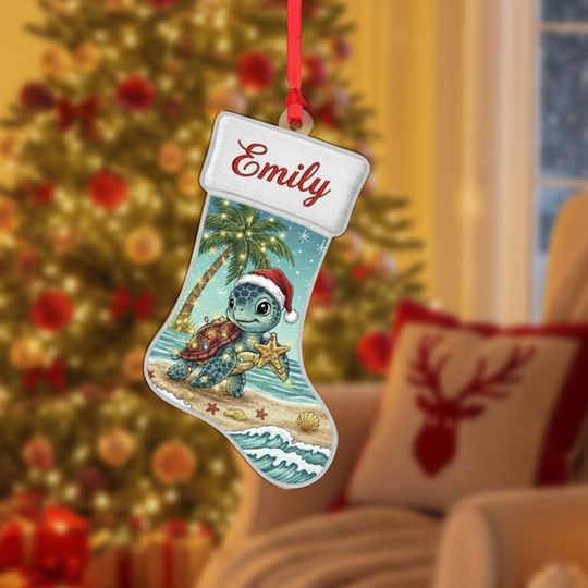 Discover Personalized Christmas Ornament: Sea Turtle Beach Scene with Santa Hat