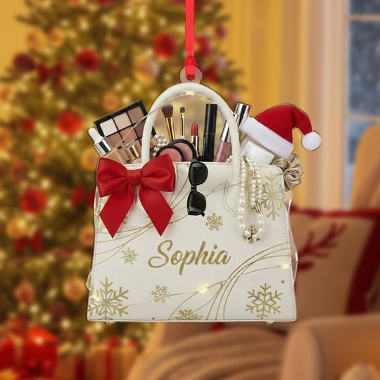 Discover Christmas Ornament: White Handbag Design, Makeup & Accessories, Personalized Name, Red Bow