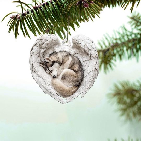 Discover Personalized Husky Dog Sleeping Angel Wings Ornament, Dog Christmas Ornament, Dog Car Ornament, Gift For Pet Lover