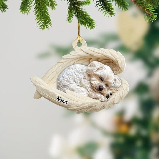 Discover Personalized Maltese Dog Sleeping Angel Wings Ornament, Dog Christmas Ornament, Dog Car Ornament, Gift For Pet Lover