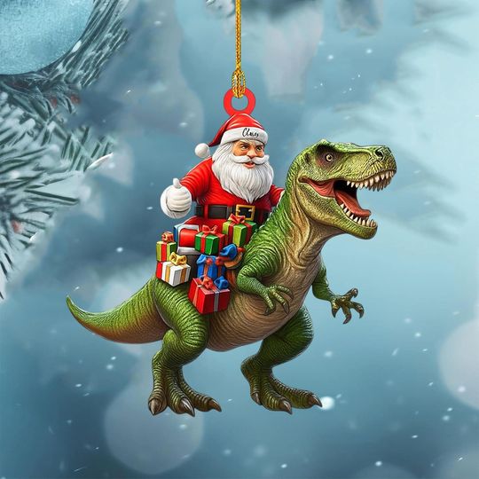 Discover Custom Name Santa Riding Dinosaur Personalized Ornament, Christmas Tree Hanging Decor, Christmas Ornament, Flat 2D Ornament