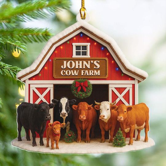Personalized Cow Farm Christmas Ornament Tin Barn Custom Ornament With Cows Farmhouse Christmas Tree Decoration Farm Family Christmas Gift