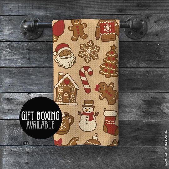 Christmas Cookie Waffle Dish Towel Gingerbread & Cocoa Holiday Print | Microfiber Hand Towel with Kraft Paper Look