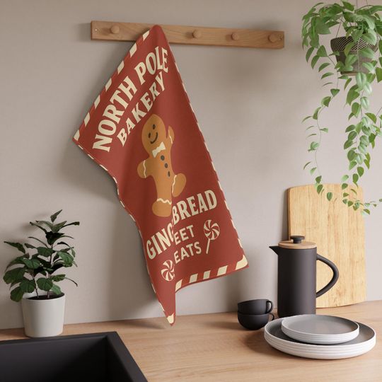 Gingerbread North Pole Bakery Tea Towel | Holiday Kitchen Decor, Christmas Dish Towel, Festive Hand Towel, Winter Decor, Hostess Gift