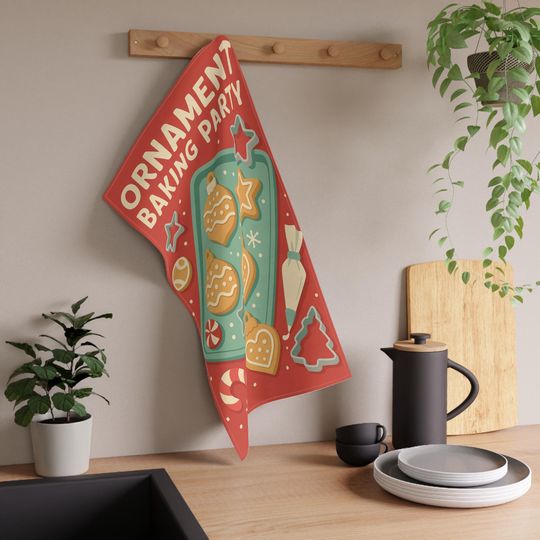 Discover Ornament Baking Party Tea Towel | Christmas Cookie Baking Towel | Gingerbread Kitchen Decor | Holiday Baking Day Dish Towel