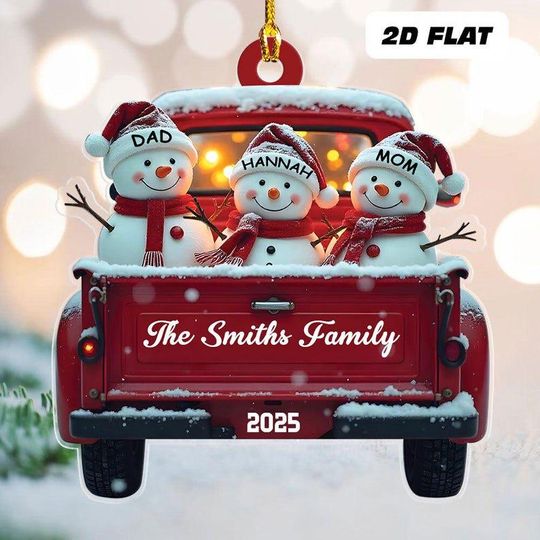Personalized Snowman Family Christmas Ornament, Red Truck Christmas Ornament, Snowman Ornament, Custom Name Ornament, 2d Flat Ornament