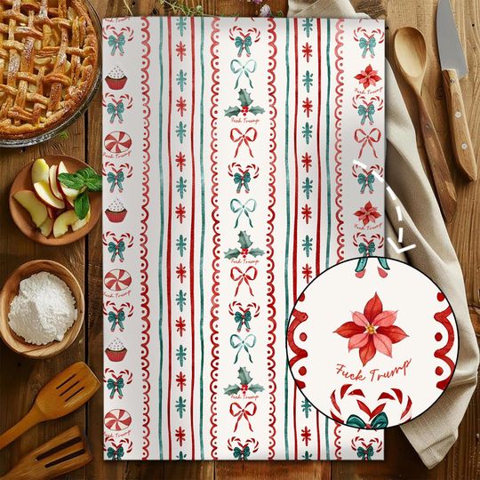 Subtle F*ck Trump Christmas Stripes Hand Towel,Funny Conquette Home Decor, Kitchen Towel with Candy Canes and Star,Anti Trump Tea Towel Gift