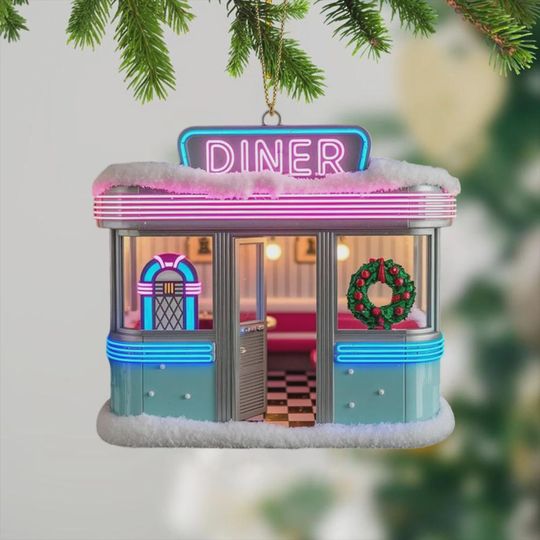 Discover Retro Diner Christmas Ornament - Personalized Acrylic Tree Gift with Neon Details - Fun Holiday Decor for Vintage Lovers or 50s Fans