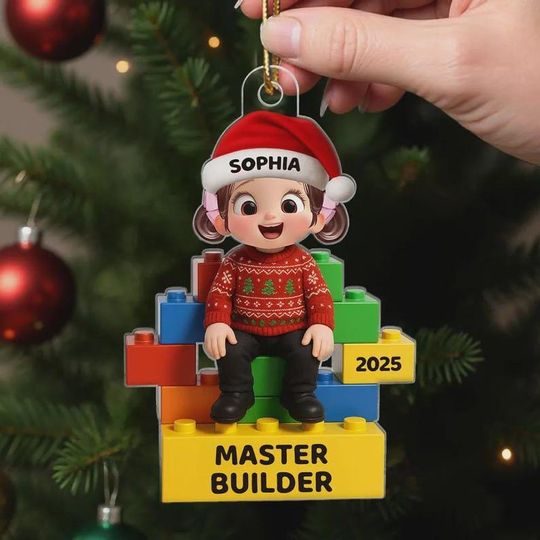 Discover 2D Flat Little Kid Master Builder Personalized Acrylic Ornament, Custom Lego Christmas Ornament, Gift for Boys Girls Kids