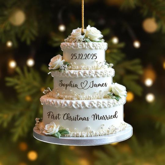 2D Flat Personalized Wedding Cake First Christmas Married Ornament, Custom Name Ornament, Mr Mrs Ornament, Wedding Ornament, Wedding Cake