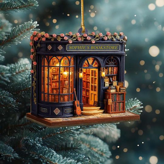 Discover Personalized Bookstore Christmas Ornament 2025, Custom Book Store 2d Flat Wooden Ornament, Gift for Book Lovers,Bookshelf Christmas Ornament