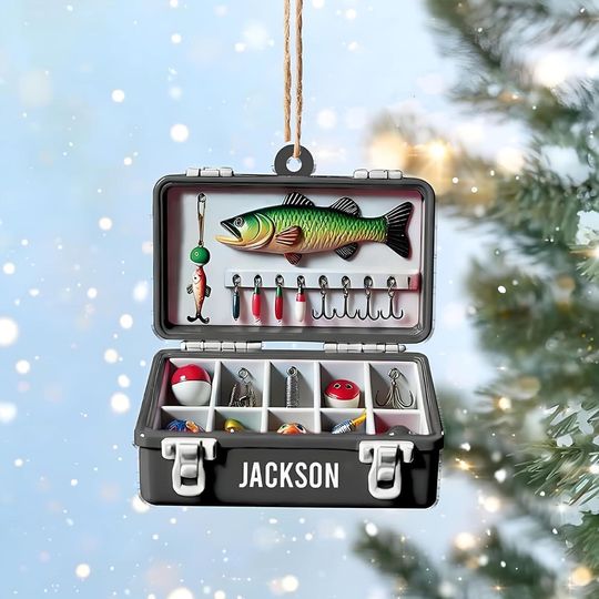 Discover Personalized Fishing Tackle Box 2D Flat Ornament - Custom Name Christmas Ornament, Fisherman Ornaments, Fishing Dad Ornaments