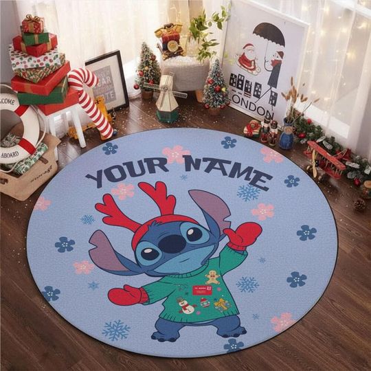 Discover Personalize Disney Stitch Chrsitmas Round Rug Mat, Lilo and Stitch Carpet, Custom Round Floor Mat for Living Room, Book Room Decor