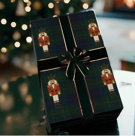Discover Nutcracker Wrapping Paper Plaid Tartan for Christmas Gift Holiday Present Packaging Blue Color Scheme Xmas Wrapping