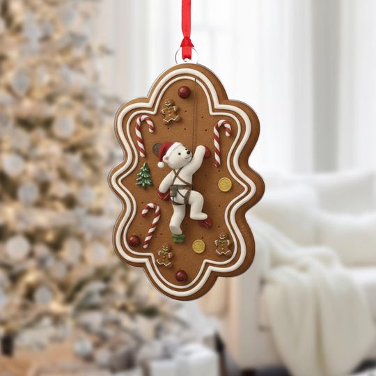 Christmas Climbing Bear Ornament: Gingerbread Wall, Candy Decor, Hanging Ribbon