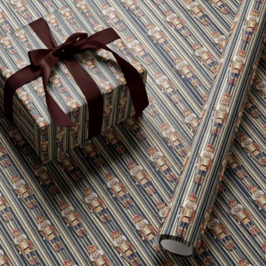 Discover Vintage Nutcracker Christmas Gift Wrapping Paper, Striped Festive Packaging, Heritage Christmas