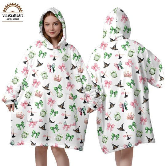 Discover Wicked Inspired Blanket Hoodie, Coquette Witchy with Bows Blanket Hoodie, Cozy Oversized Wearable Blanket with Witch Hat & Bow