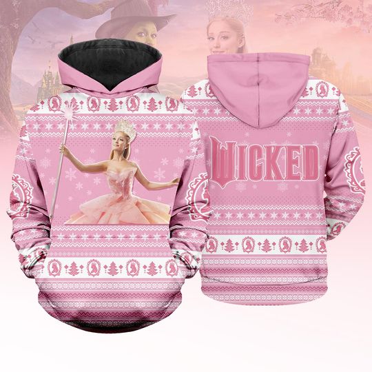 Glinda Wicked 3D Hoodie, Pink Xmas Hoodie, Wizard Musical Holiday Sweatshirt for Women and Kids, Zip Hoodie, Wizard Fan Gift