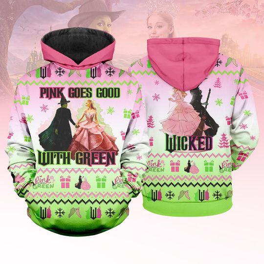 Wicked Elphaba and Glinda 3D Hoodie – Christmas Sweatshirt, Wizard of Oz Holiday Shirt for Women and Kids