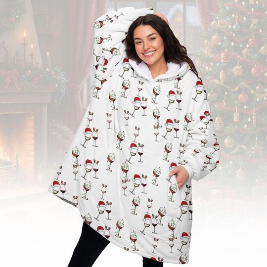 Discover Wine Glass Christmas Blanket Hoodie, Xmas Wine Red Hoodie With Pocket, Christmas Shirt, Santa Hat Reindeer Shirt, Xmas Gift For Her Him