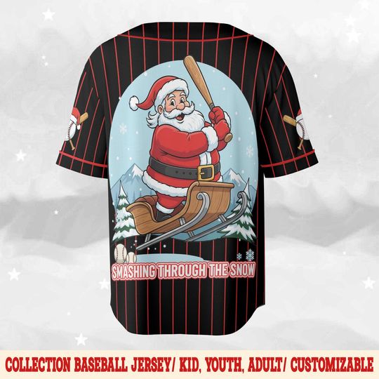Discover Santa Claus Merry Christmas Baseball Jersey, Smashing Through The Snow Baseball Jersey, Santa Playing Baseball, Baseball Player Gifts BZK202