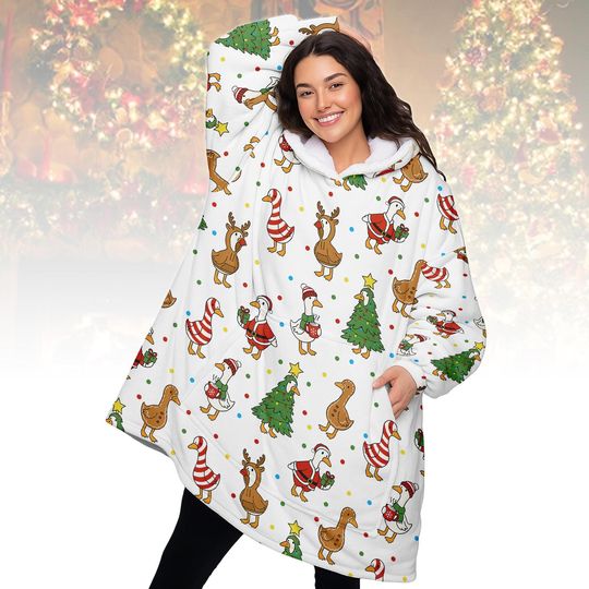 Discover Christmas Duck Hoodie Blanket, Funny Wearable Blanket, Cozy Sherpa Lined Gift, Personalized Xmas Hoodie, Christmas Gift