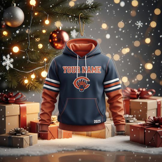 Discover Personalized Chicago Football Hoodie Ornament 2025  Custom Name Acrylic Christmas Gift for Football Fans