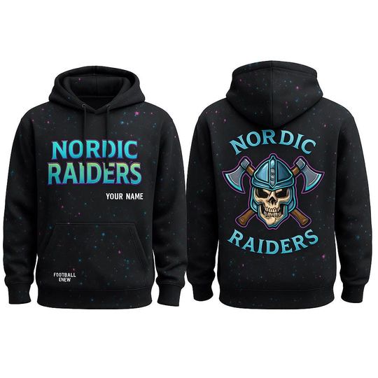 Discover Nordic Viking Skull Hoodie with Custom Name - Football Fan Pullover, Cosmic Streetwear, Axes Art for Men, Women, Teens