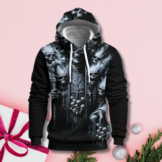 Discover Dark Gothic Skull Hoodie with Grim Reaper Art Unisex All-Over Print Pullover Streetwear