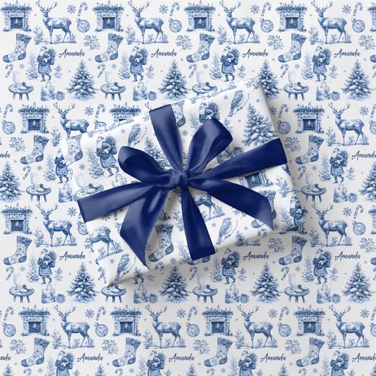 Discover Elegant Christmas Toile Wrapping Paper Vintage Toile Gift Wrapping Paper Roll Luxury Christmas Gift Wrap Christmas Toile Present Wrap Blue