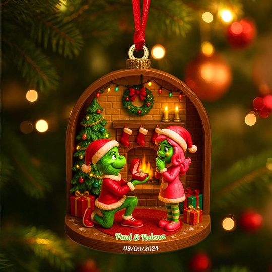 Green Couple Proposal Christmas Ornament  Personalized Engagement Gift, Romantic Holiday Decoration
