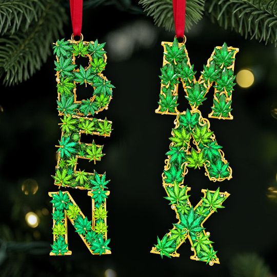 Discover Green Leaf Alphabet Letter Ornament  Personalized Christmas Gift, Custom Cannabis Name Holiday Decoration