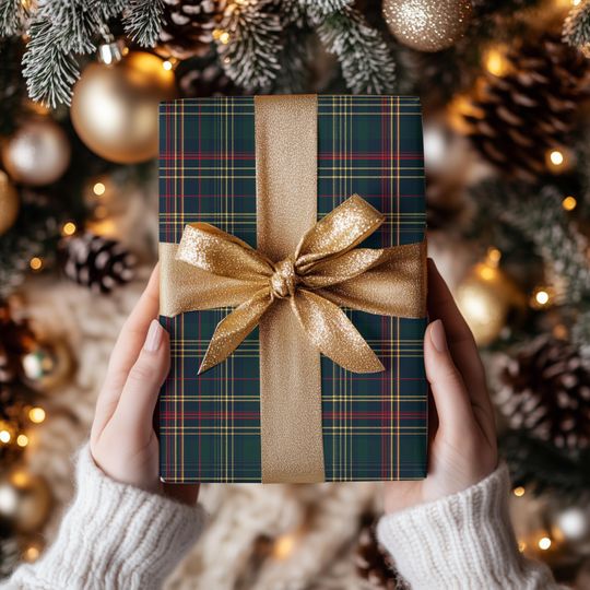 Discover Elegant Plaid Christmas Wrapping Paper | Navy, Green, Red & Gold